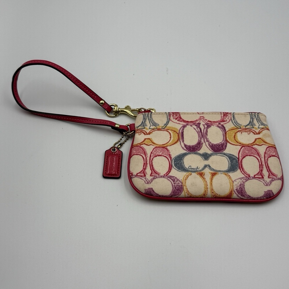 Coach Wristlet Signature C Multicolor Canvas Pink Leather Trim Clutch